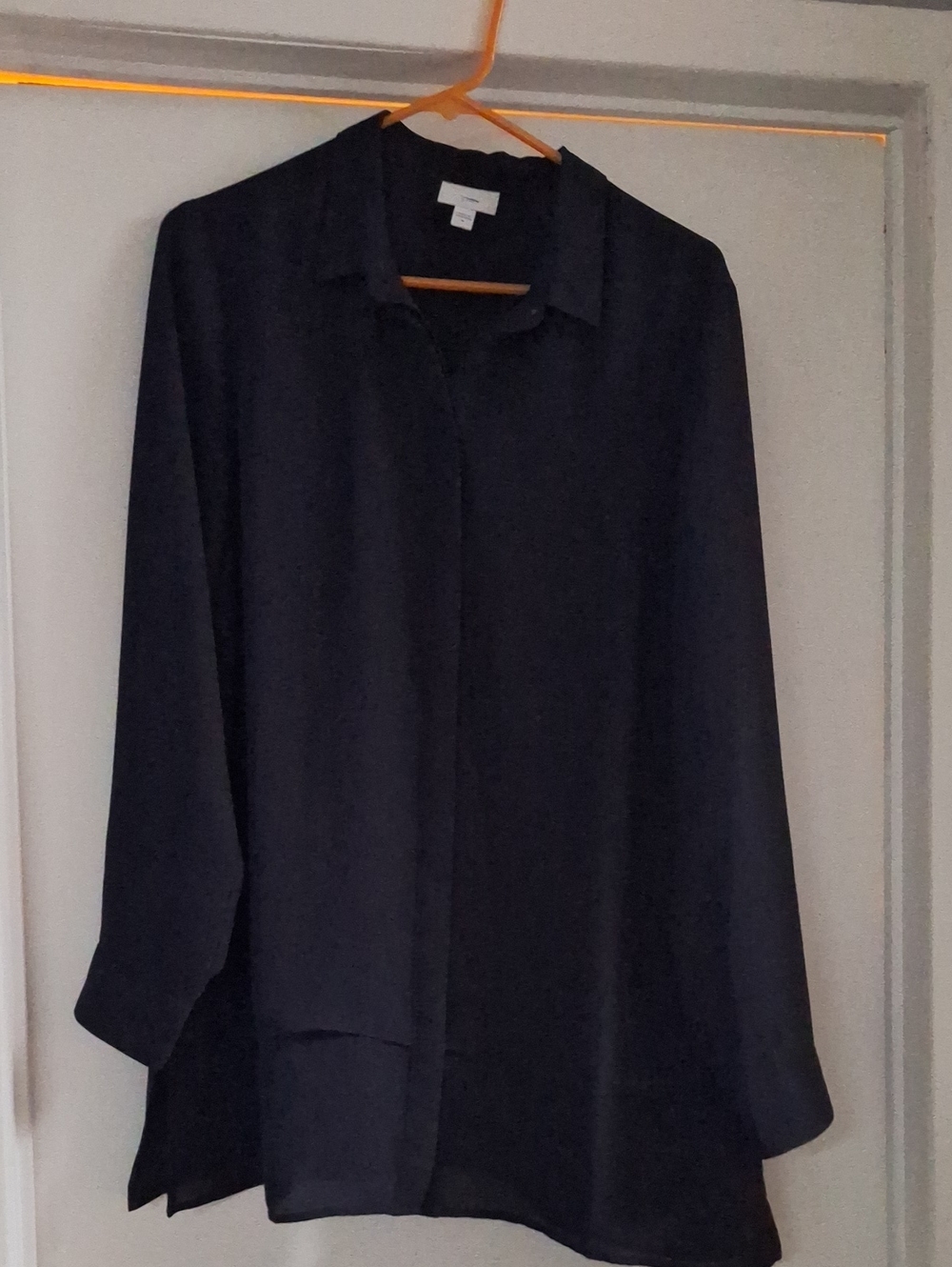 Classic Navy Blue Sheer Double Layered Button-Front Blouse